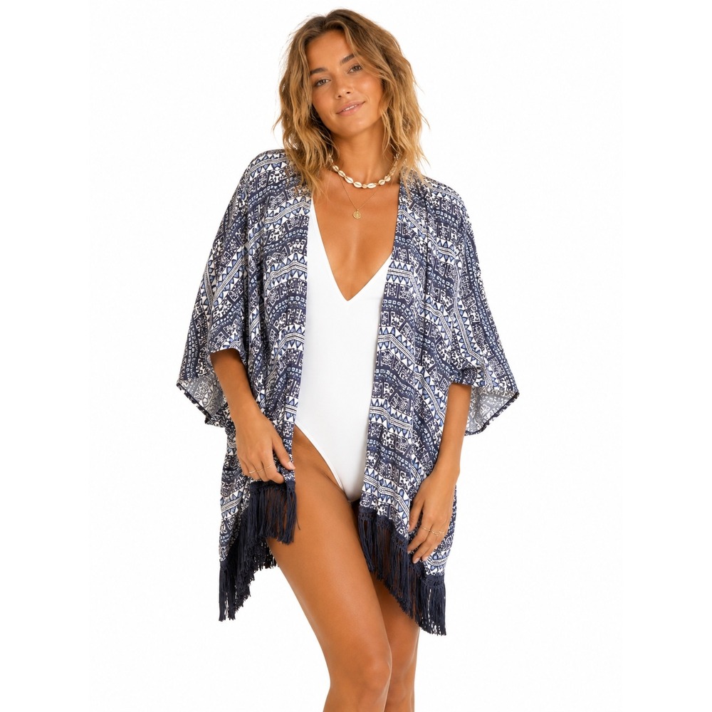 Victorias Secret Blue Geometric Fringe‎ Kimono Wrap Swim Cover Up  XS/S